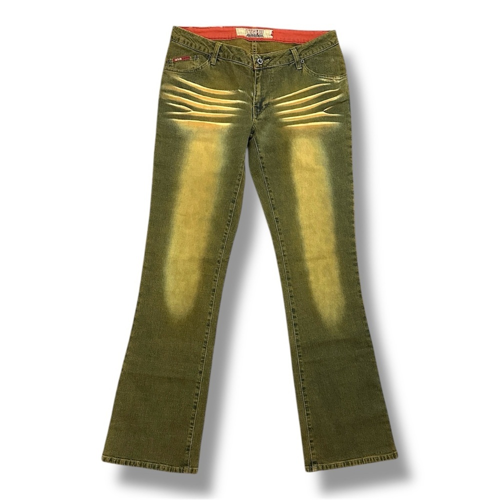 Y2K Indigo Red Lux/Industrial Denim Whiskered Yellow Bootcut Jeans Women’s Sz 32